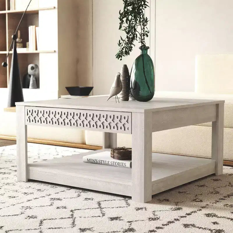 Table basse carrée avec rangement tiroir ajouré