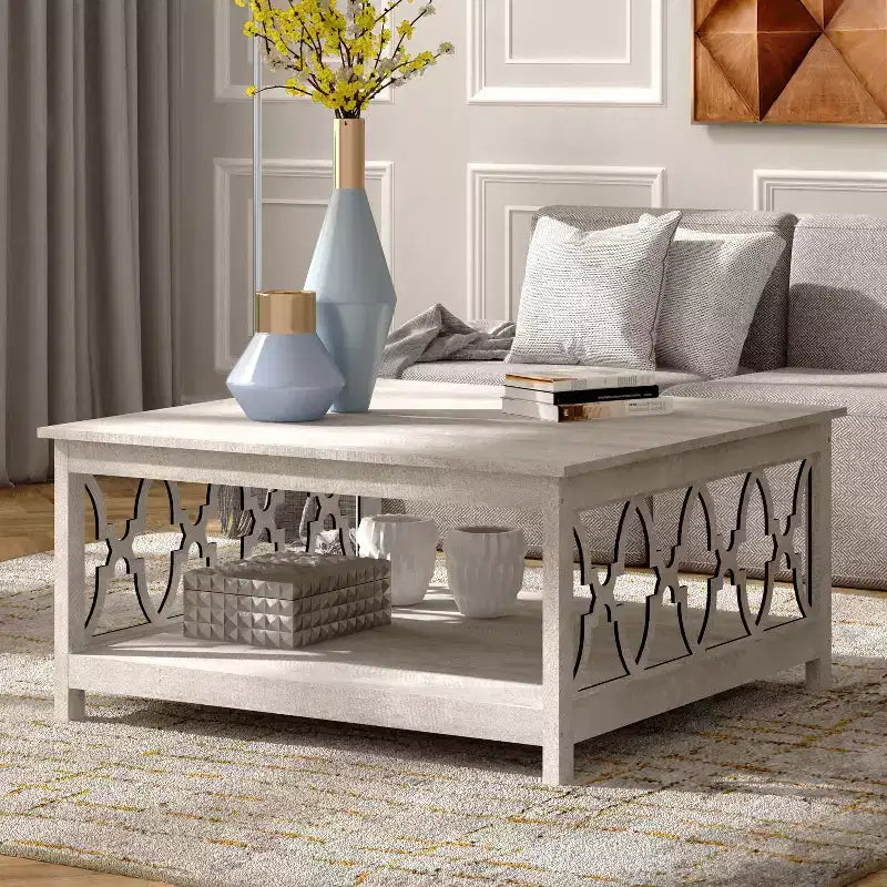 Galano Square Coffee Table with Storage Shelf in Dusty Gray Oak 34.9 W  34.8 D  17.1 H