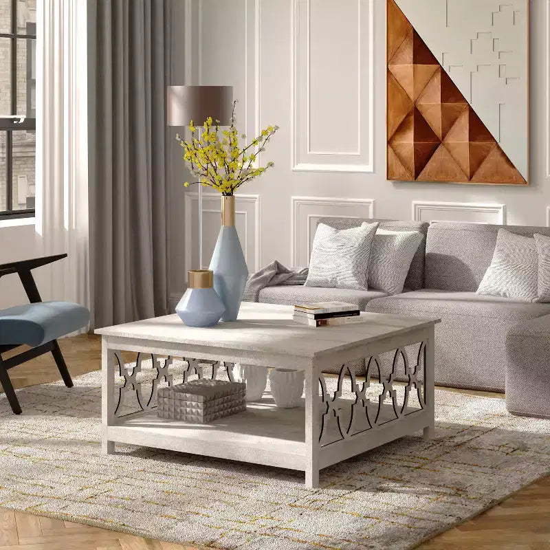 Table basse carrée avec étagères de rangement, couleur chêne gris-brun