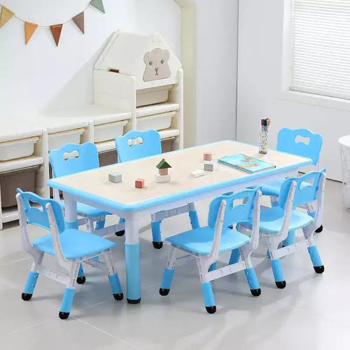 COZONY 7PCS Kids Table and Chairs Set, Height-Adjustable Toddler Study Table with 1 Table & 6 Chairs, Non-Slip Legs and Graffiti Desktop for Home