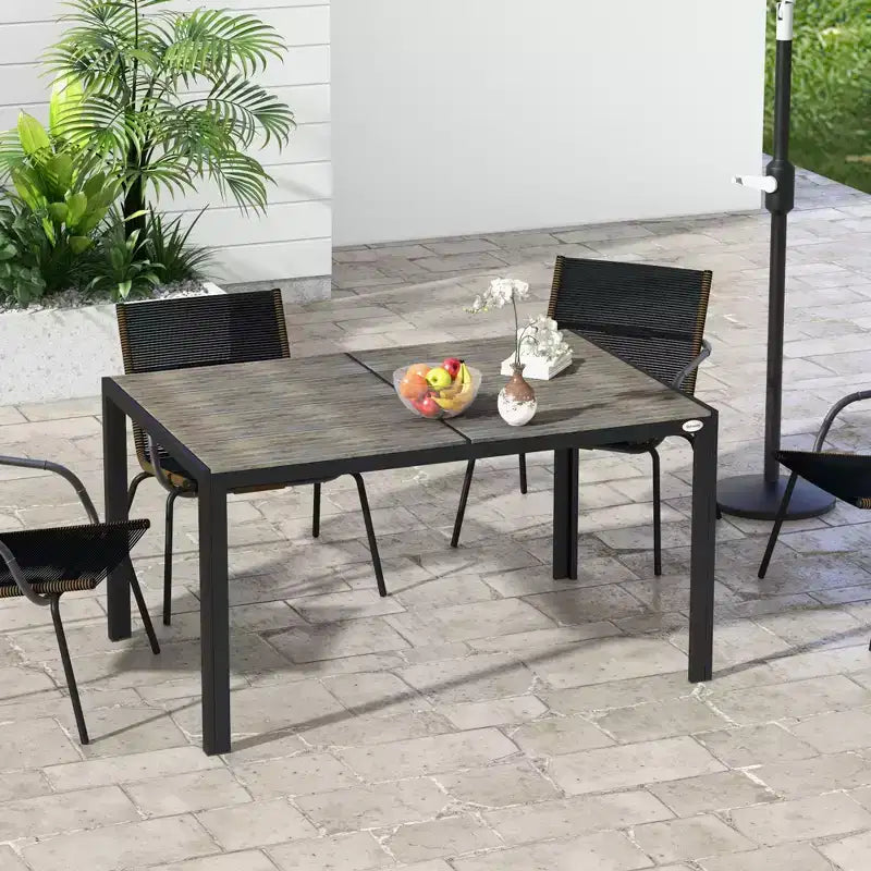 Table à manger d'extérieur pour 6 personnes, structure en aluminium, plateau aspect bois