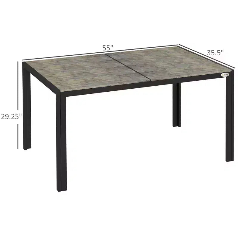 Table à manger d'extérieur pour 6 personnes, structure en aluminium, plateau aspect bois
