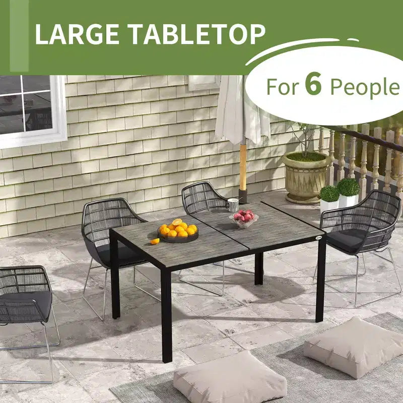 Table à manger d'extérieur pour 6 personnes, structure en aluminium, plateau aspect bois