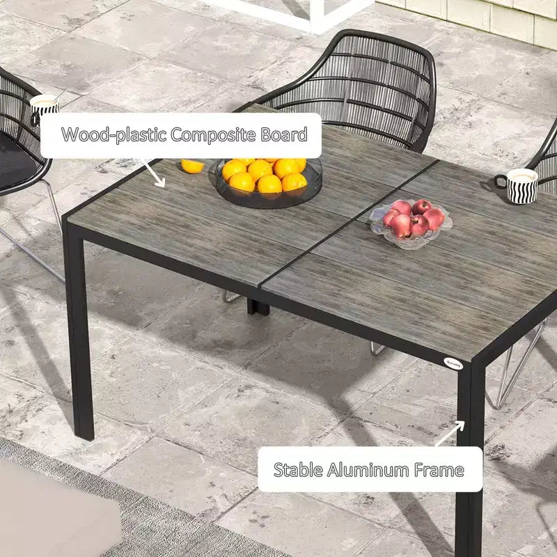 Table à manger d'extérieur pour 6 personnes, structure en aluminium, plateau aspect bois