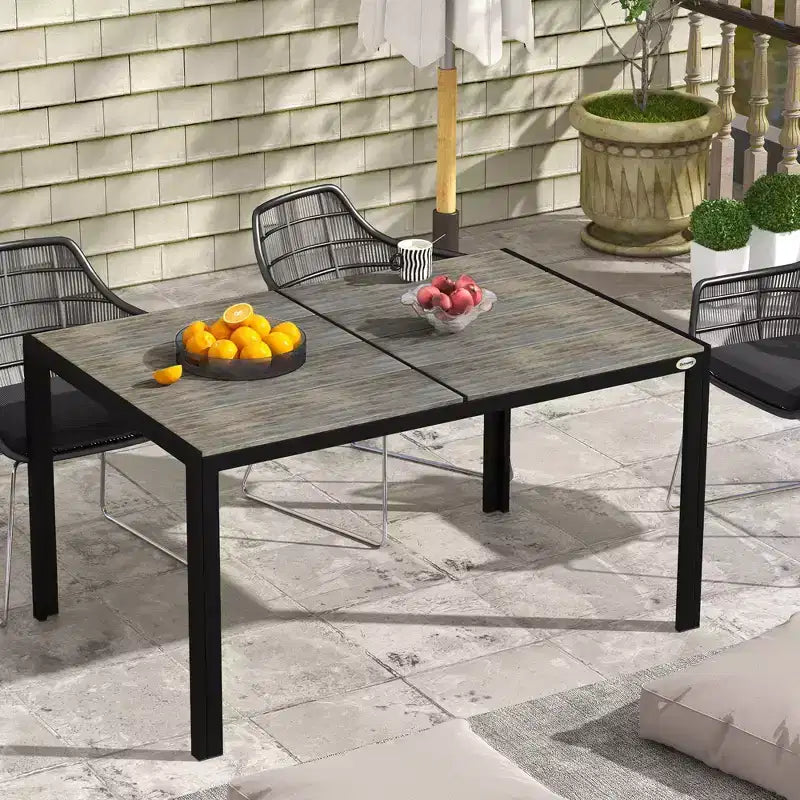 Table à manger d'extérieur pour 6 personnes, structure en aluminium, plateau aspect bois