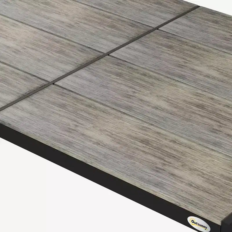 Table à manger d'extérieur pour 6 personnes, structure en aluminium, plateau aspect bois