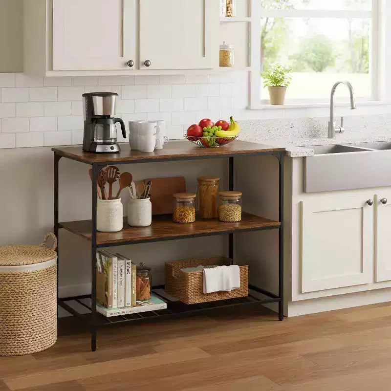 Chariot de cuisine à trois niveaux, adapté pour micro-ondes, appareils électroménagers et rangement, marron.