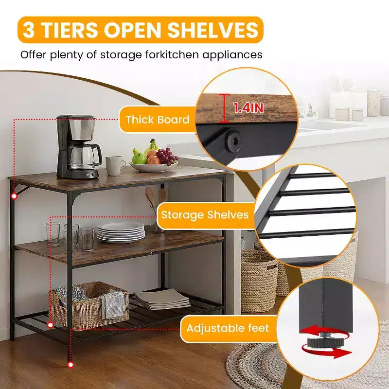 Chariot de cuisine à trois niveaux, adapté pour micro-ondes, appareils électroménagers et rangement, marron.