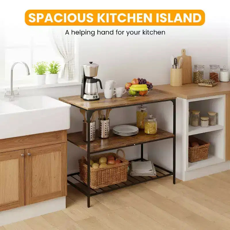 Chariot de cuisine à trois niveaux, adapté pour micro-ondes, appareils électroménagers et rangement, marron.