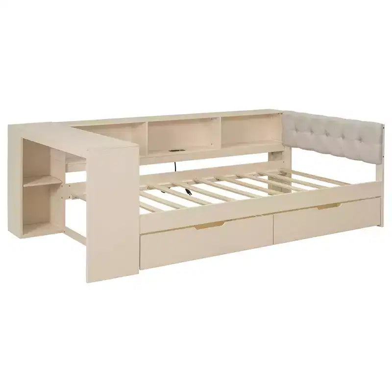 Lit double avec plate-forme, étagères de rangement, 2 tiroirs, station de recharge et tête de lit rembourrée.