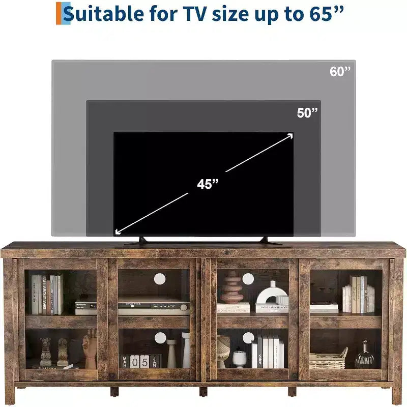 Meuble console moderne avec quatre portes coulissantes en verre et des armoires de rangement ; convient pour le salon, la chambre et le centre de divertissement.