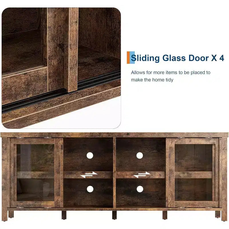 Meuble console moderne avec quatre portes coulissantes en verre et des armoires de rangement ; convient pour le salon, la chambre et le centre de divertissement.