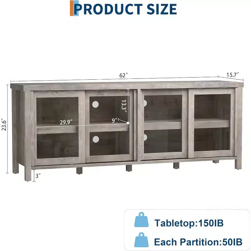Meuble console moderne avec quatre portes coulissantes en verre et des armoires de rangement ; convient pour le salon, la chambre et le centre de divertissement.
