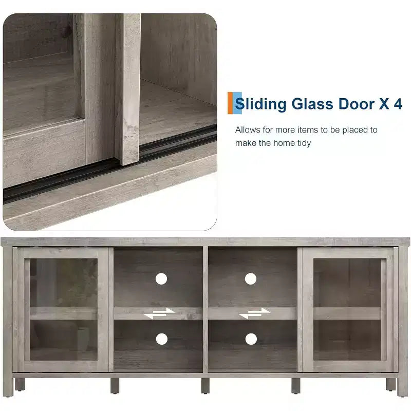 Meuble console moderne avec quatre portes coulissantes en verre et des armoires de rangement ; convient pour le salon, la chambre et le centre de divertissement.