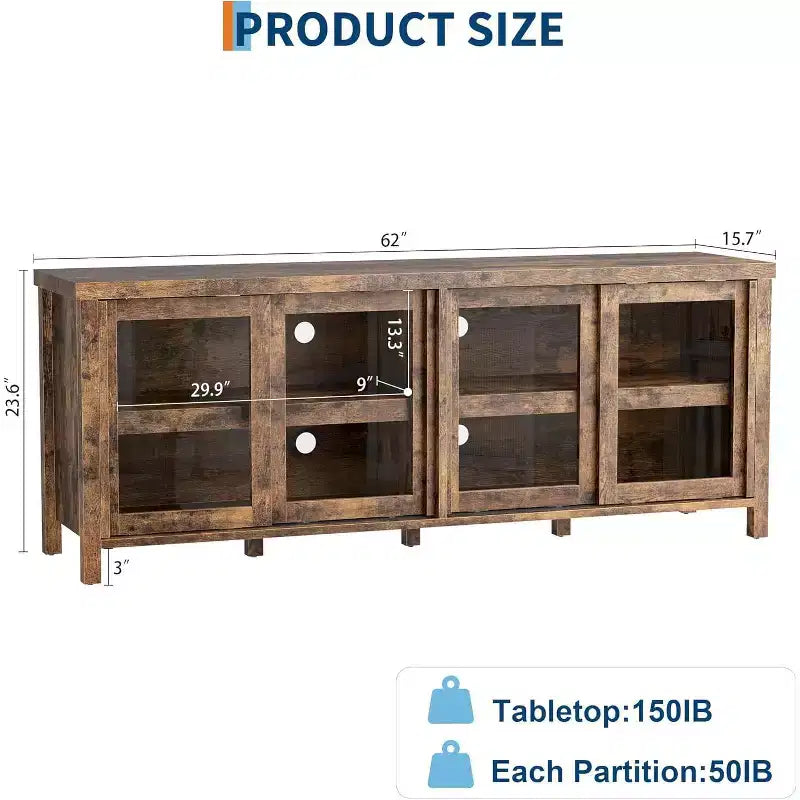 Meuble console moderne avec quatre portes coulissantes en verre et des armoires de rangement ; convient pour le salon, la chambre et le centre de divertissement.