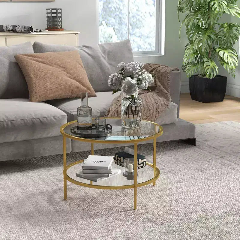 Table d'appoint avec rangement, table de coin ronde, table basse en verre trempé à double couche