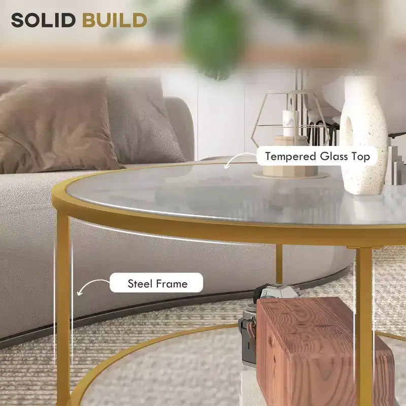 Table d'appoint avec rangement, table de coin ronde, table basse en verre trempé à double couche
