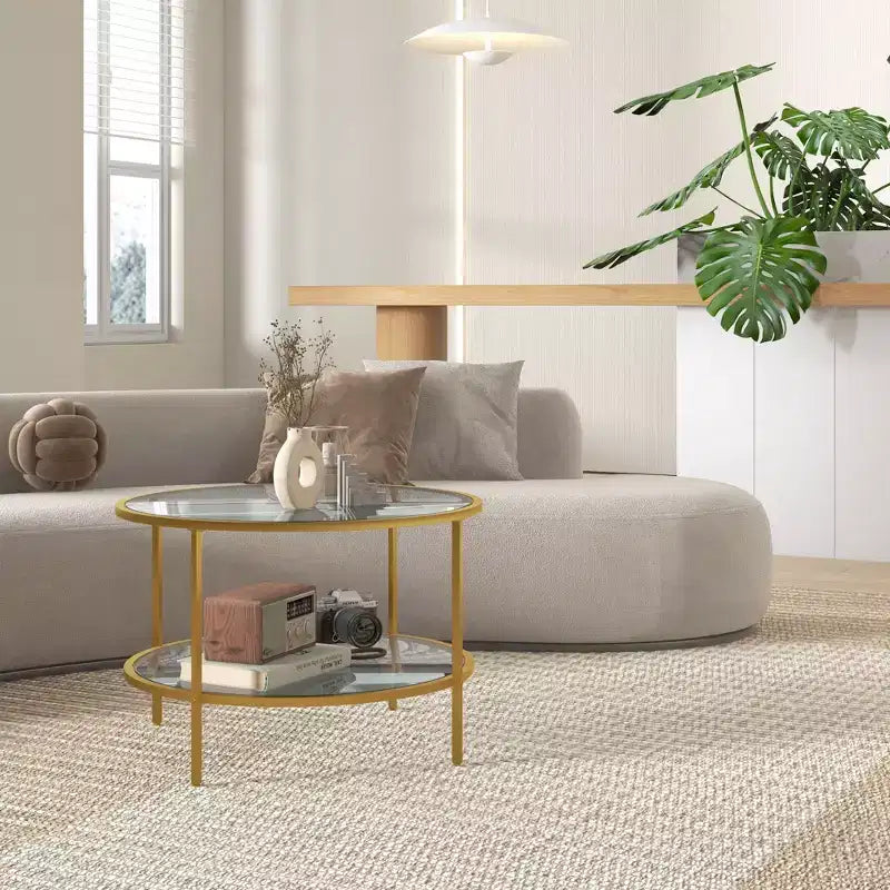 Table d'appoint avec rangement, table de coin ronde, table basse en verre trempé à double couche