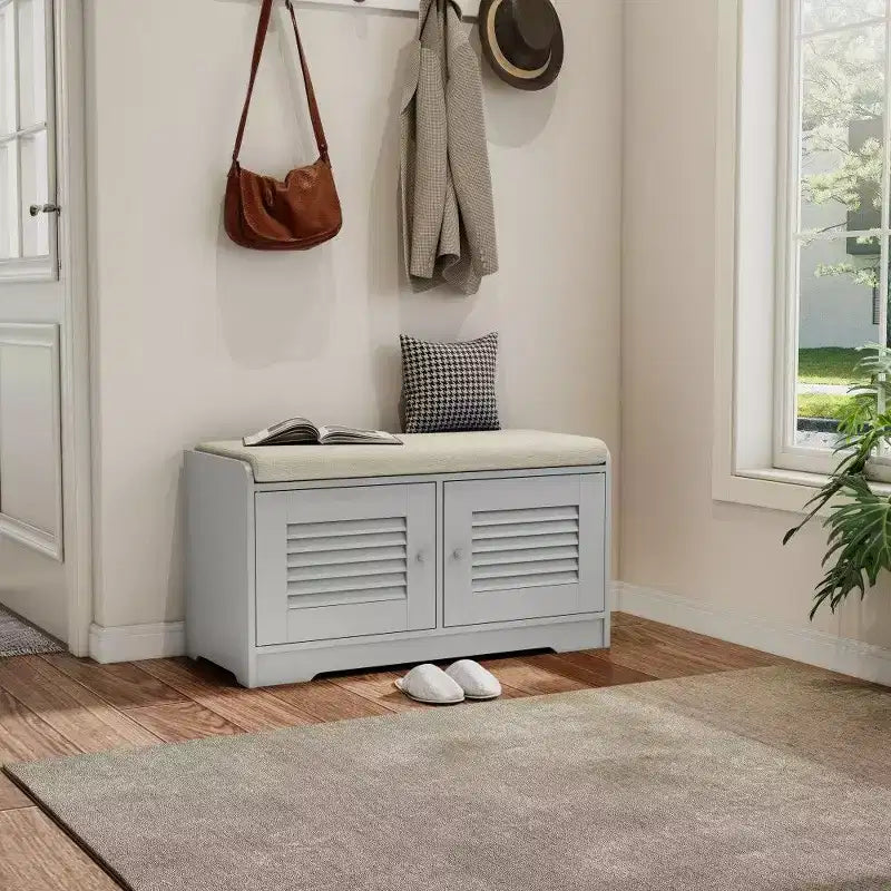 Banc meuble à chaussures avec double portes, banc d'entrée avec étagères réglables et coussins amovibles, étagère à chaussures de couloir.