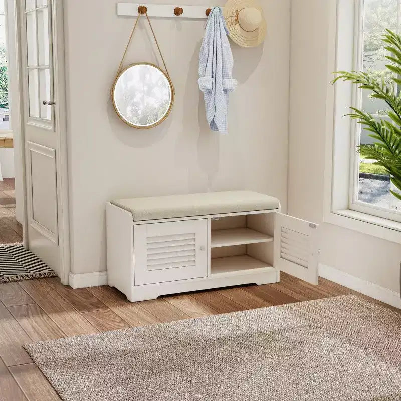 Banc meuble à chaussures avec double portes, banc d'entrée avec étagères réglables et coussins amovibles, étagère à chaussures de couloir.
