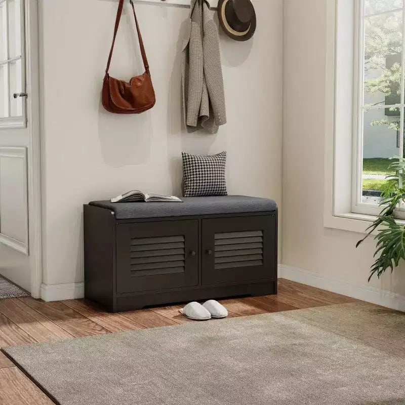 Banc meuble à chaussures avec double portes, banc d'entrée avec étagères réglables et coussins amovibles, étagère à chaussures de couloir.