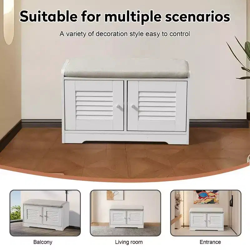 Banc meuble à chaussures avec double portes, banc d'entrée avec étagères réglables et coussins amovibles, étagère à chaussures de couloir.