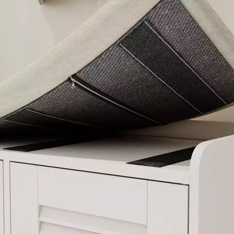Banc meuble à chaussures avec double portes, banc d'entrée avec étagères réglables et coussins amovibles, étagère à chaussures de couloir.