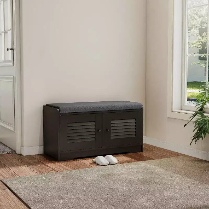 Banc meuble à chaussures avec double portes, banc d'entrée avec étagères réglables et coussins amovibles, étagère à chaussures de couloir.