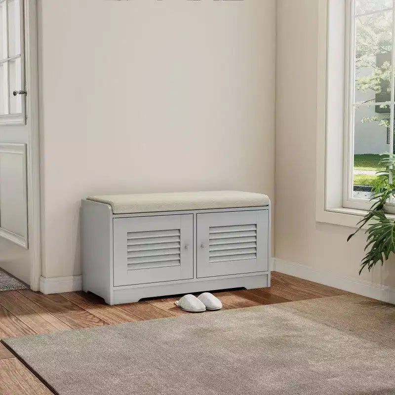 Banc meuble à chaussures avec double portes, banc d'entrée avec étagères réglables et coussins amovibles, étagère à chaussures de couloir.
