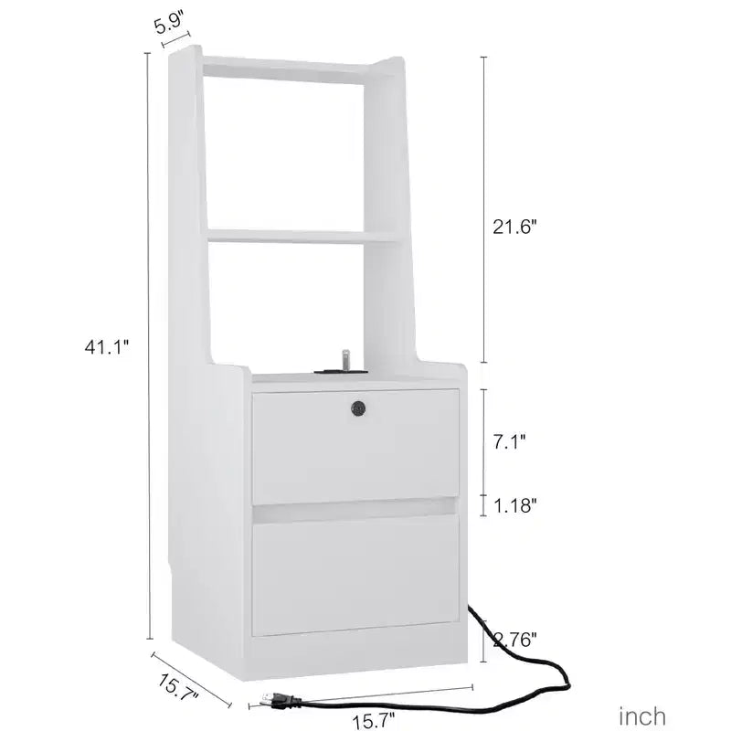 Table de chevet intelligente avec station de recharge, veilleuse à commande vocale, étagère intégrée et compartiments de rangement.