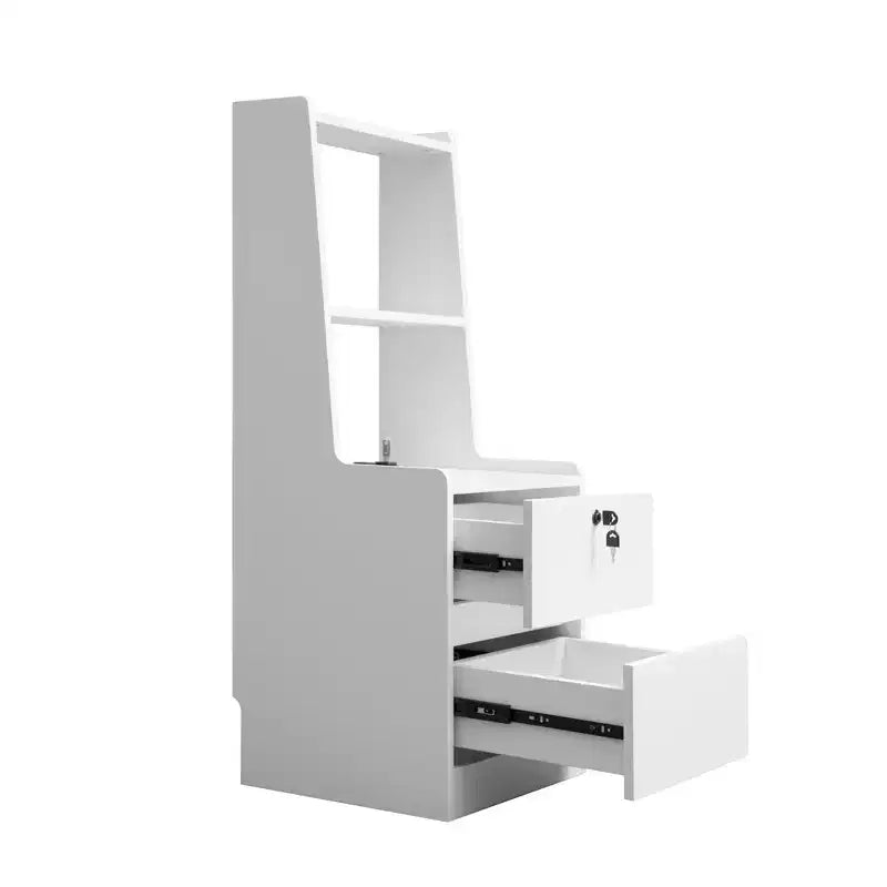 Table de chevet intelligente avec station de recharge, veilleuse à commande vocale, étagère intégrée et compartiments de rangement.