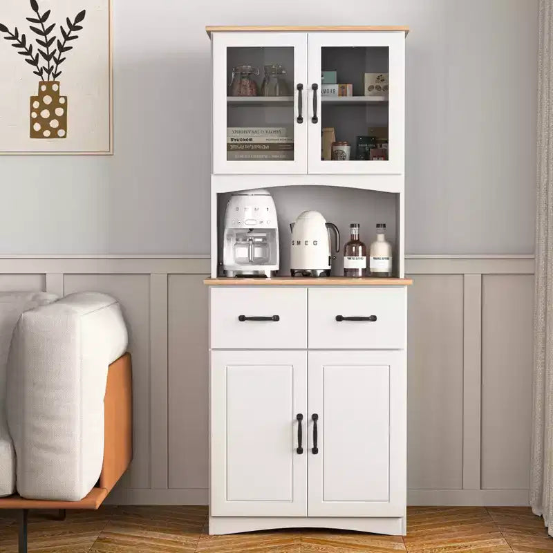 Meuble de cuisine en bois avec portes vitrées et tiroirs de rangement