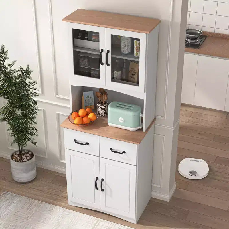 Meuble de cuisine en bois avec portes vitrées et tiroirs de rangement