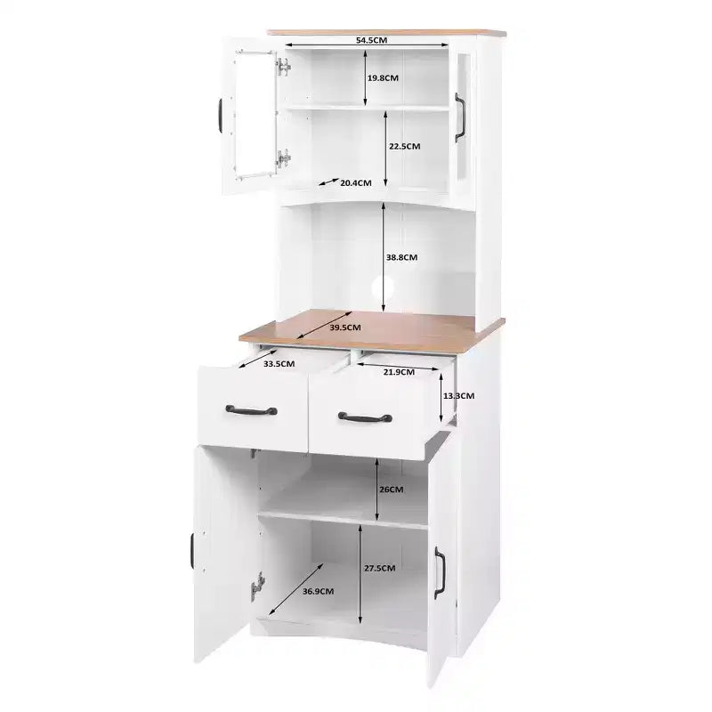 Meuble de cuisine en bois avec portes vitrées et tiroirs de rangement