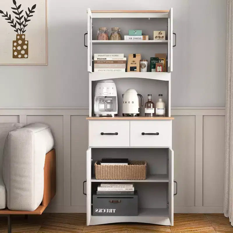 Meuble de cuisine en bois avec portes vitrées et tiroirs de rangement