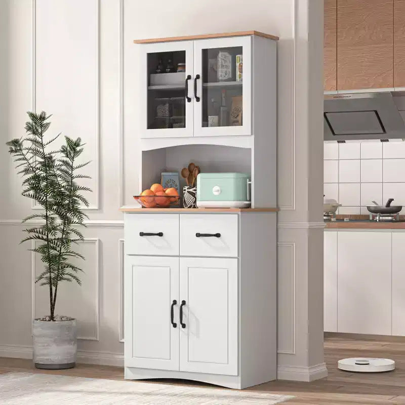 Meuble de cuisine en bois avec portes vitrées et tiroirs de rangement