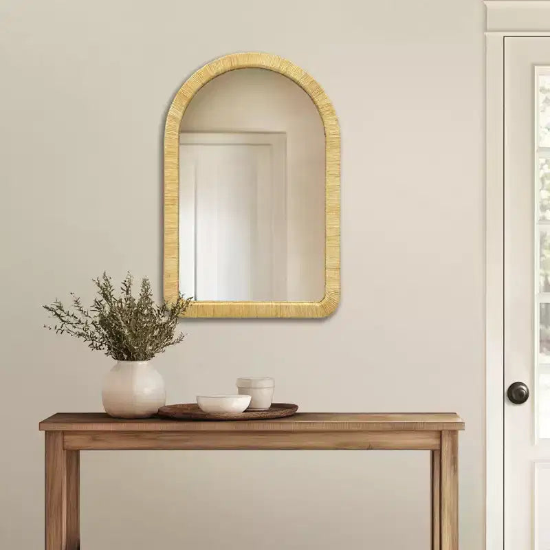 Miroir mural décoratif en rotin naturel, adapté aux chambres, cafés et espaces intérieurs ; grand miroir de courtoisie rond/arqué.