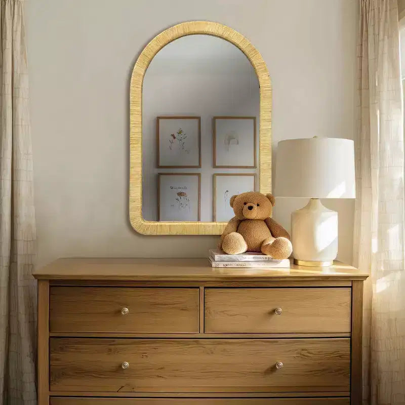 Miroir mural décoratif en rotin naturel, adapté aux chambres, cafés et espaces intérieurs ; grand miroir de courtoisie rond/arqué.