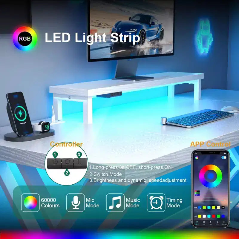 Bureau de jeu, bureau d'ordinateur, avec support d'écran, cadre en X, station de charge USB, bande lumineuse LED, plateau épaissi, bureau de travail.