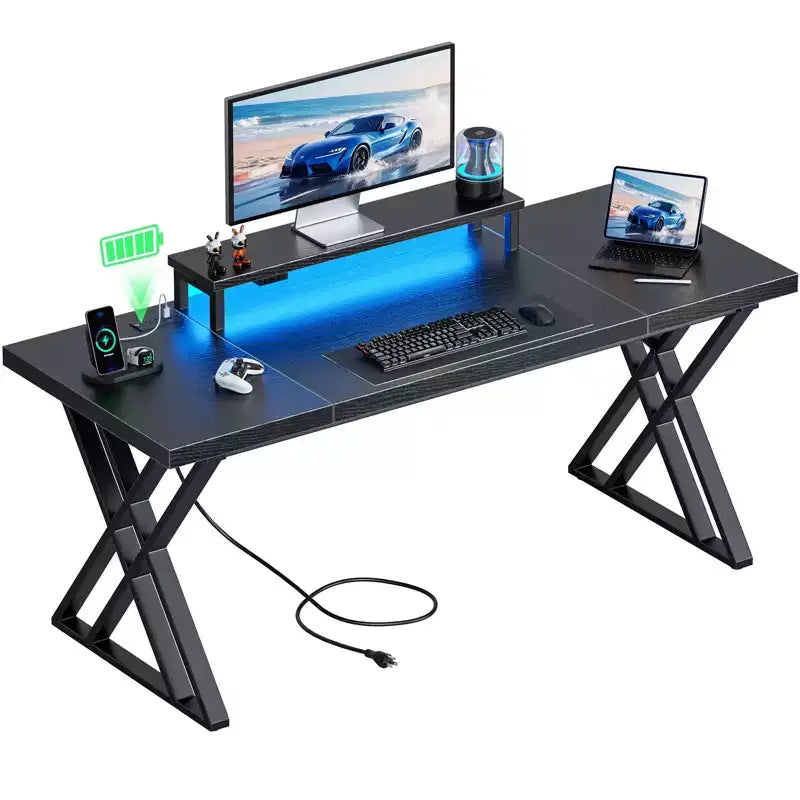 Bureau de jeu, bureau d'ordinateur, avec support d'écran, cadre en X, station de charge USB, bande lumineuse LED, plateau épaissi, bureau de travail.