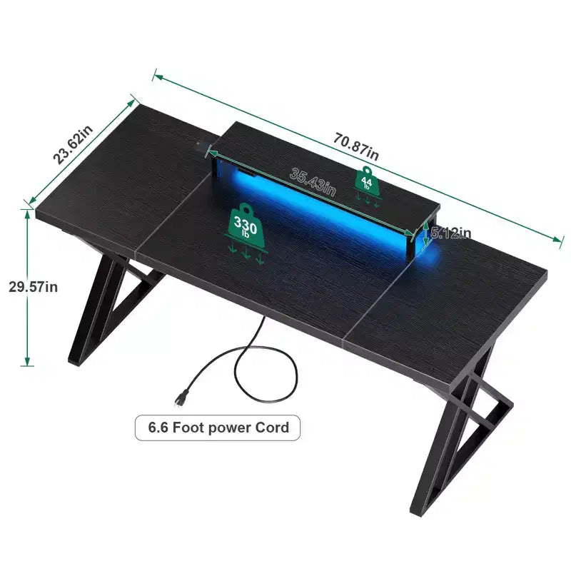 Bureau de jeu, bureau d'ordinateur, avec support d'écran, cadre en X, station de charge USB, bande lumineuse LED, plateau épaissi, bureau de travail.