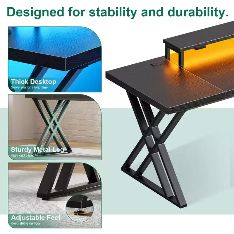 Bureau de jeu, bureau d'ordinateur, avec support d'écran, cadre en X, station de charge USB, bande lumineuse LED, plateau épaissi, bureau de travail.