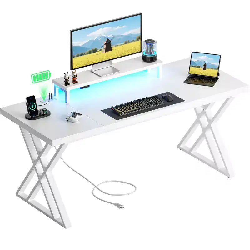 Bureau de jeu, bureau d'ordinateur, avec support d'écran, cadre en X, station de charge USB, bande lumineuse LED, plateau épaissi, bureau de travail.