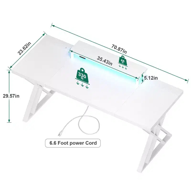 Bureau de jeu, bureau d'ordinateur, avec support d'écran, cadre en X, station de charge USB, bande lumineuse LED, plateau épaissi, bureau de travail.