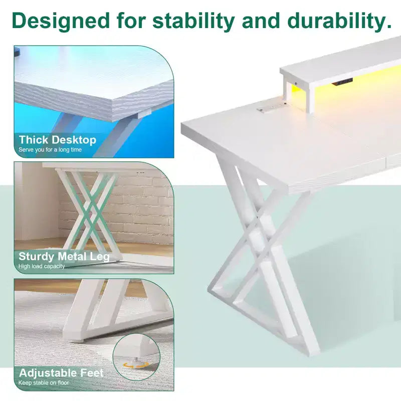 Bureau de jeu, bureau d'ordinateur, avec support d'écran, cadre en X, station de charge USB, bande lumineuse LED, plateau épaissi, bureau de travail.