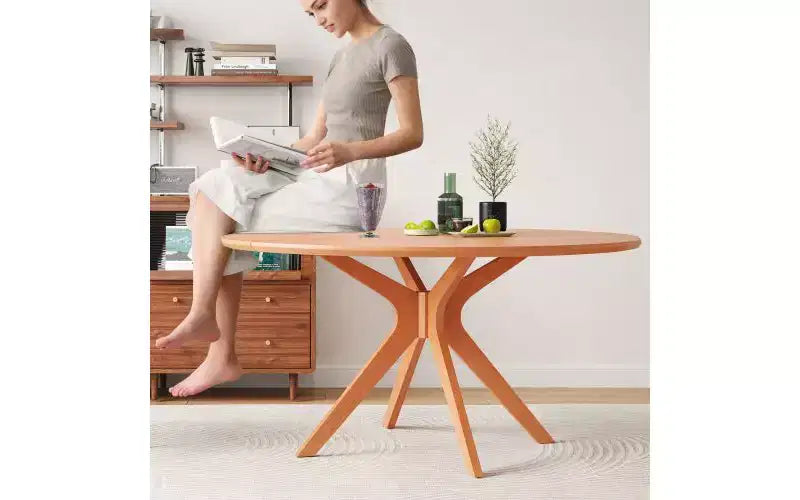 Table à manger ronde, piètement en croix, pieds antidérapants, table de cuisine en bois massif