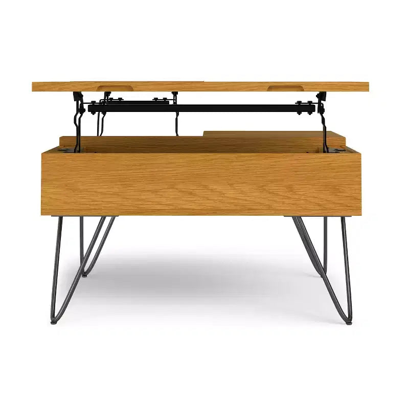 Table basse large, carrée, réglable en hauteur, de style industriel, en chêne.