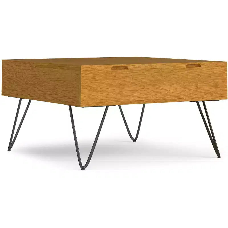 Table basse large, carrée, réglable en hauteur, de style industriel, en chêne.