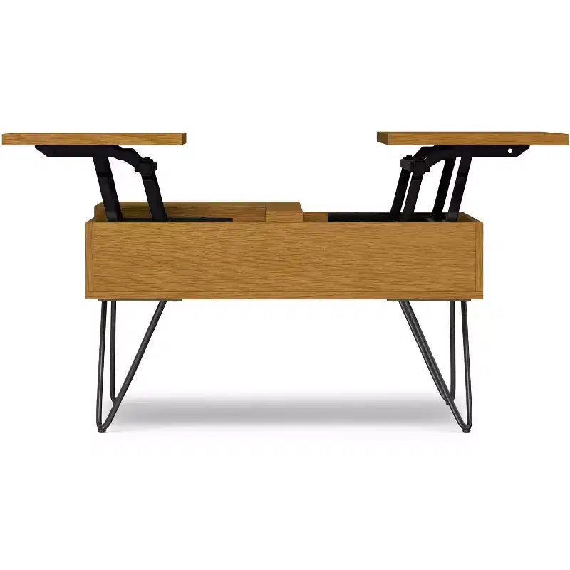 Table basse large, carrée, réglable en hauteur, de style industriel, en chêne.