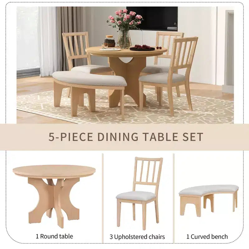 Ensemble table et chaises de salle à manger rondes de style campagnard, comprenant des chaises rembourrées et un banc incurvé.